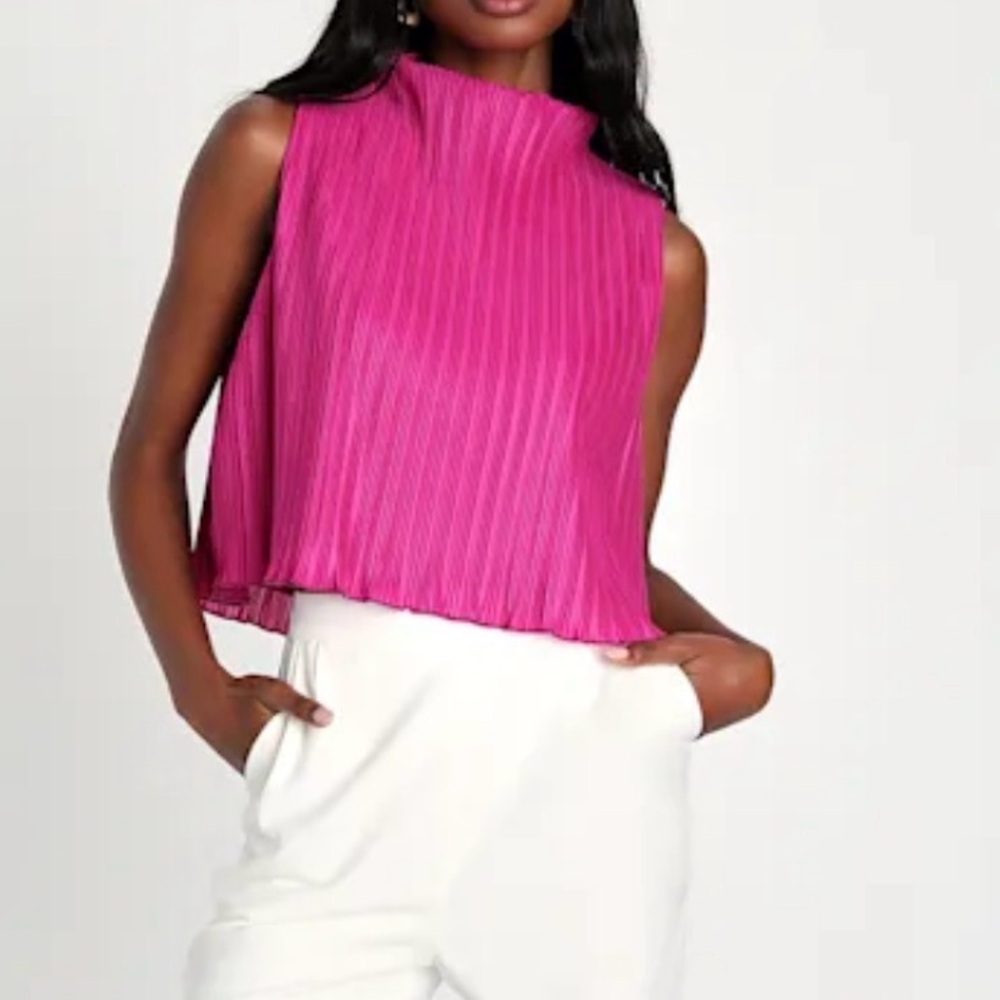 Lulus Yes Plisse mock neck magenta crop top, medium